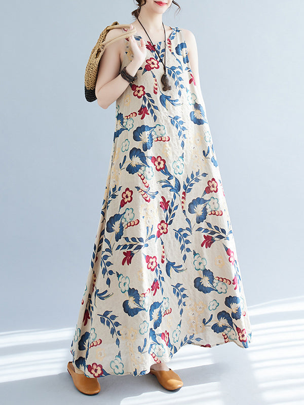 Robe longue ample sans manches, à imprimé floral, à col rond