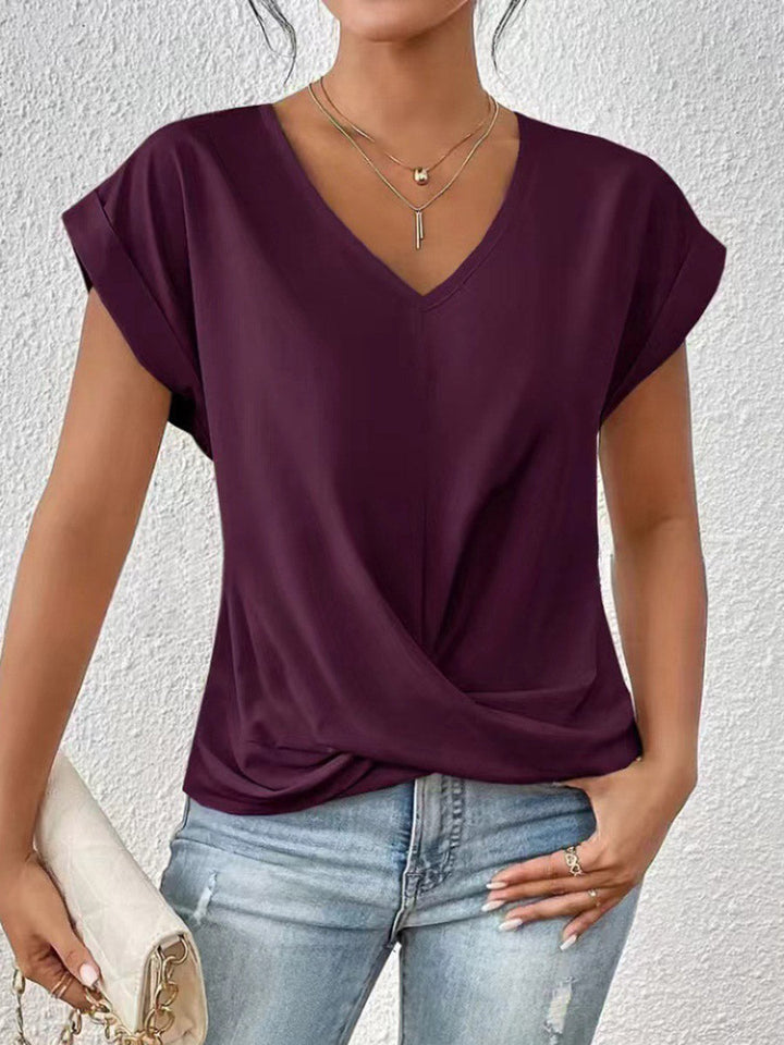 T-shirt ample plissé à manches courtes, à col en V, couleur unie