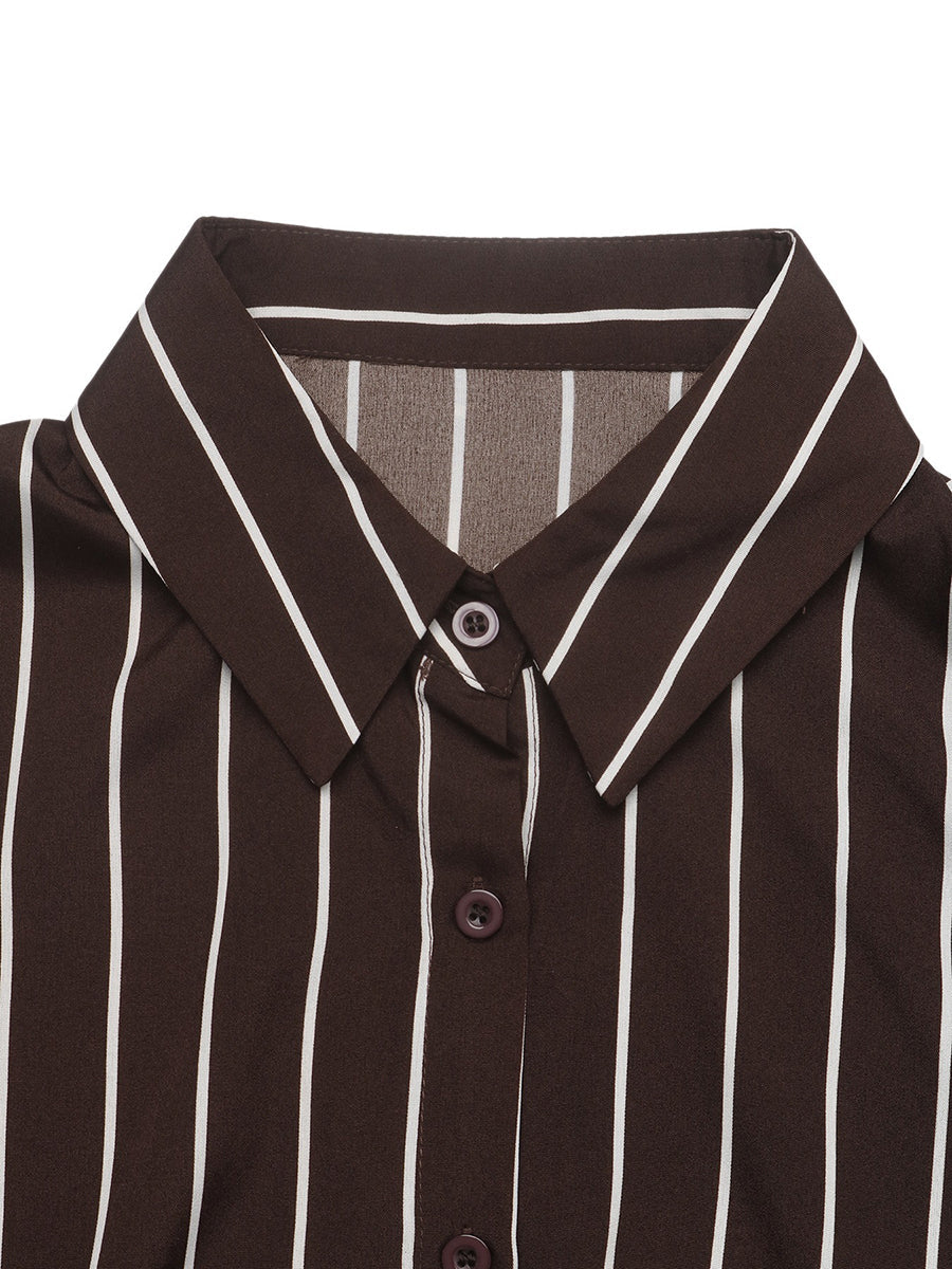 Robe chemise longue rayée fendue devant boutonnée avec ceinture, à manches trois-quarts, taille haute, à col revers