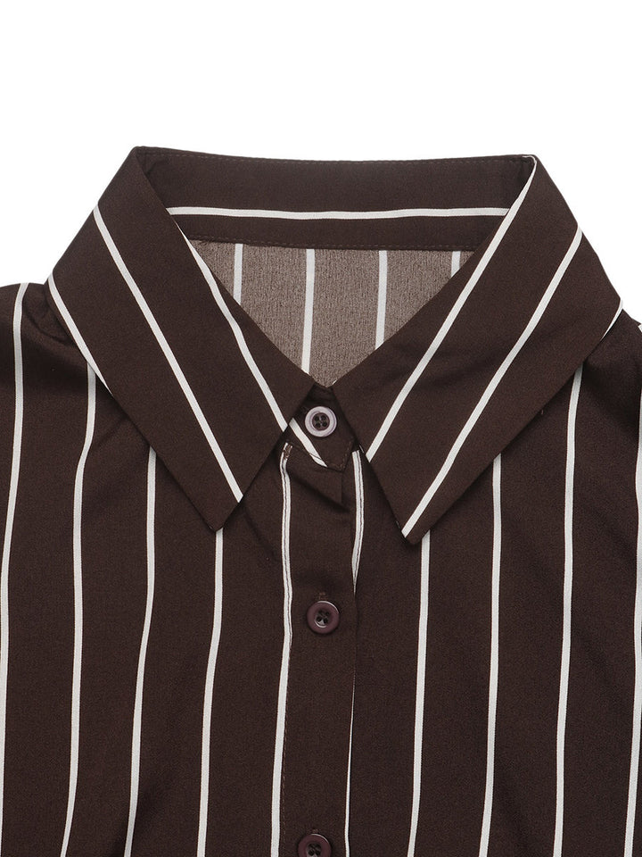 Robe chemise longue rayée fendue devant boutonnée avec ceinture, à manches trois-quarts, taille haute, à col revers