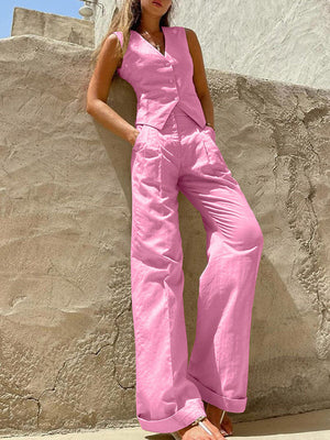 Ensemble deux pièces ample plissé taille haute, à empiècements, à col en V, couleur unie