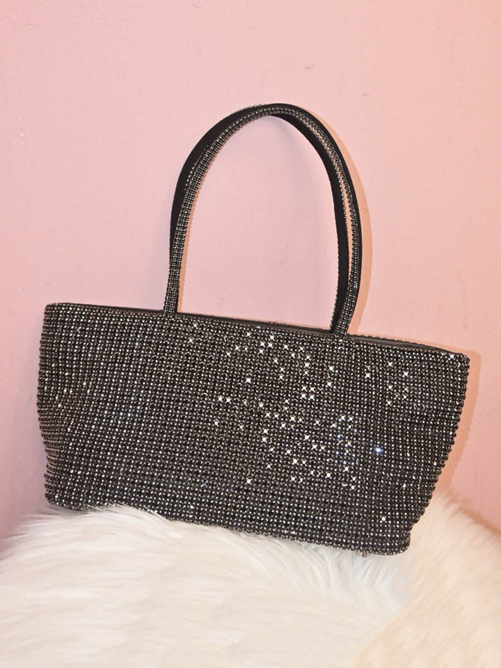 Sac besace à fermeture éclair, à strass, couleur unie