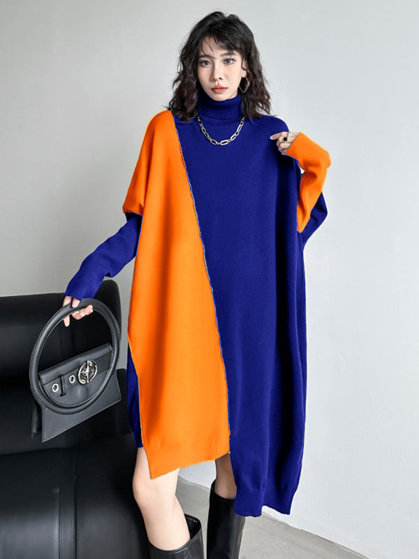 Robe pull mi-longue asymétrique à manches chauve-souris et col haut, couleur contrastée