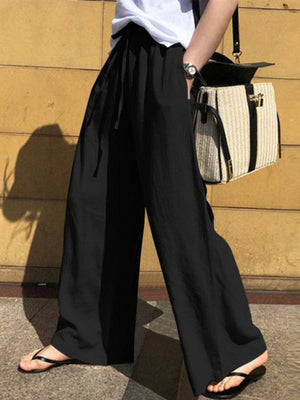 Pantalon ample taille haute, à cordon de serrage, à poches, couleur unie