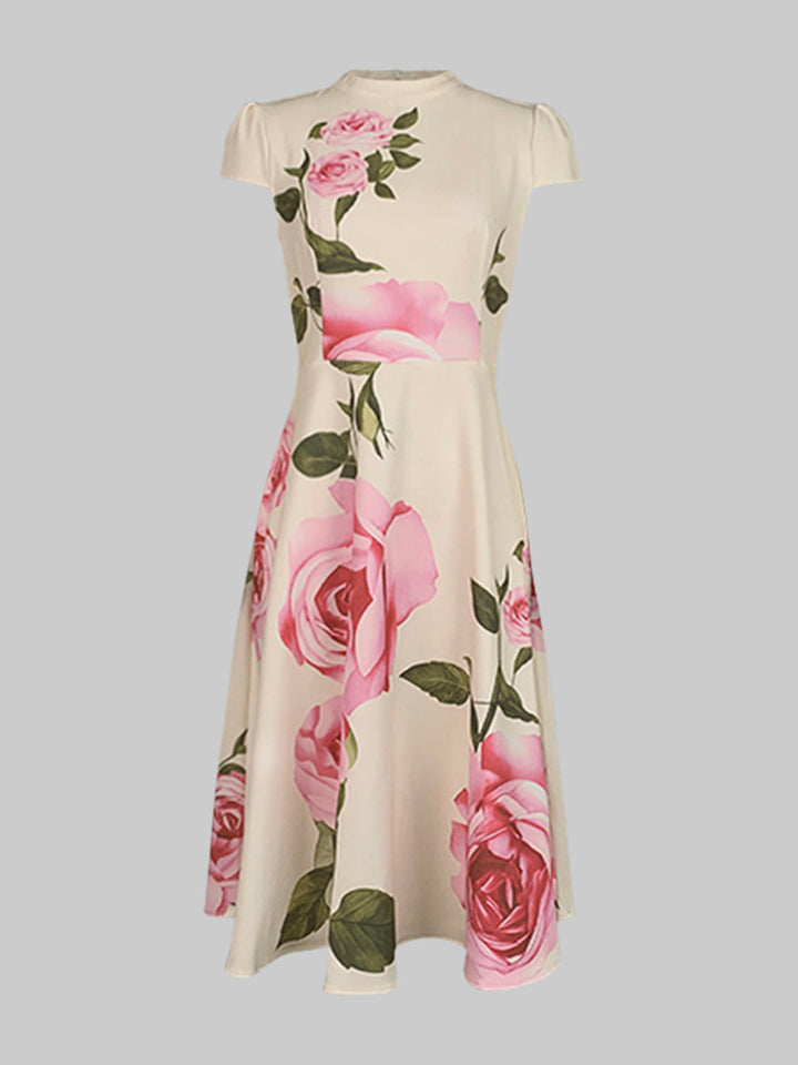 Robe mi-longue à manches courtes, coupe près du corps, à imprimé floral, à col montant