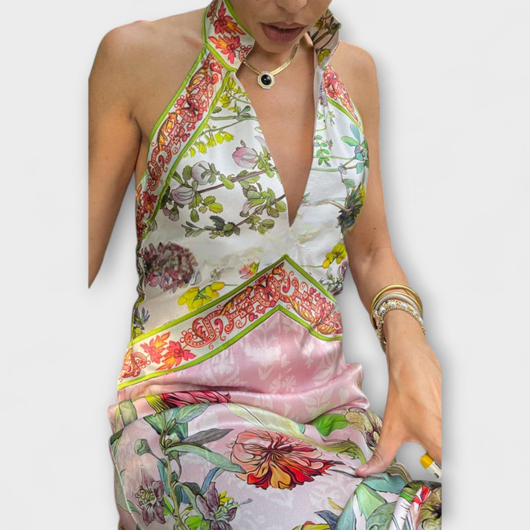 Ayla - Robe Maxi Sans Manches Imprimée Florale avec Dos Ouvert
