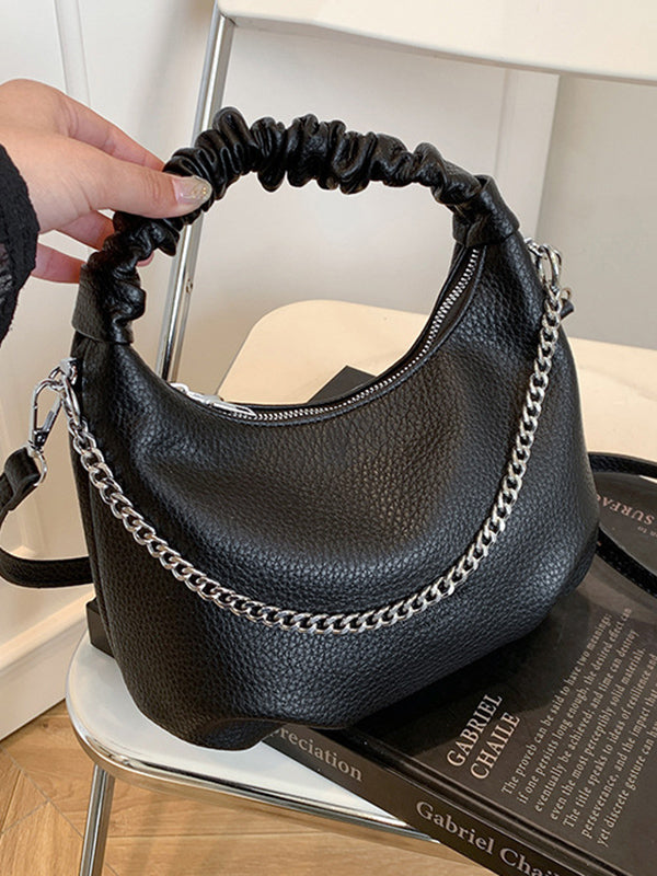 Sac à main plissé à chaîne, à fermeture éclair, couleur unie