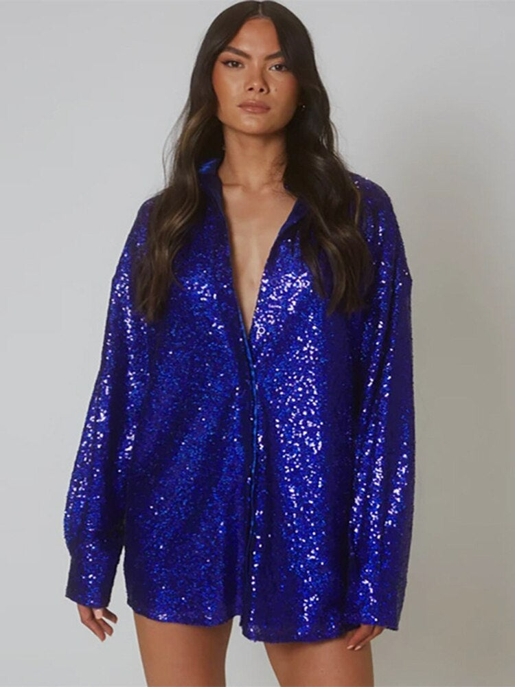 Blouse pour femmes avec ornements en sequins, col chemise, manches longues et fermeture à boutons