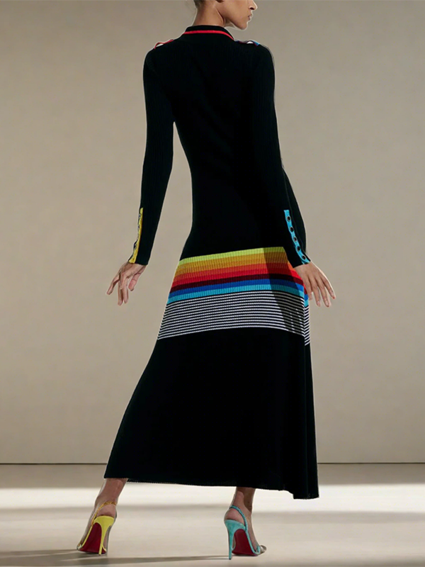 Robe chemise boutonnée rayée à manches longues, coupe près du corps, à col revers, couleur contrastée