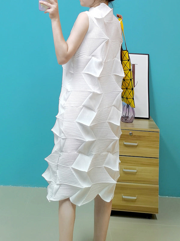 Robe mi-longue décontractée plissée sans manches, à coupe irrégulière, à col montant, couleur unie
