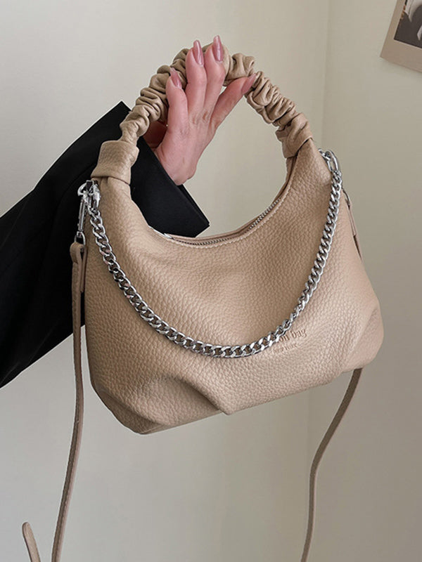 Sac à main plissé à chaîne, à fermeture éclair, couleur unie