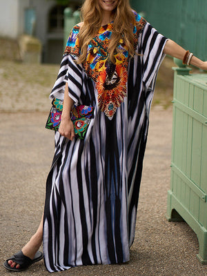 Robe longue de plage à manches chauve-souris, ample, imprimée, fendue sur le côté, rayée, col en V