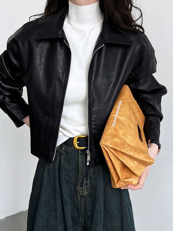 Veste ample à manches longues, à fermeture éclair, à col revers, couleur unie