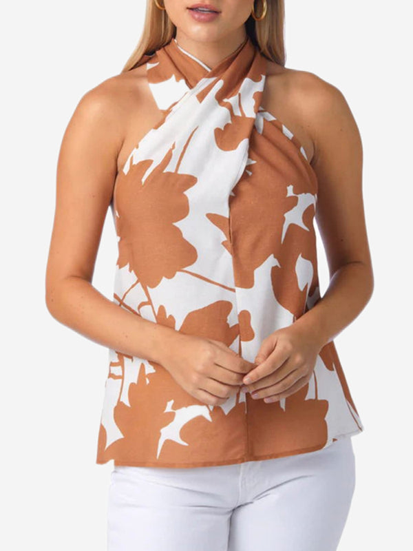 Ensemble deux pièces ample noué dos nu, à imprimé floral, à col licou, à taille élastique, à poches, taille haute – débardeur + short