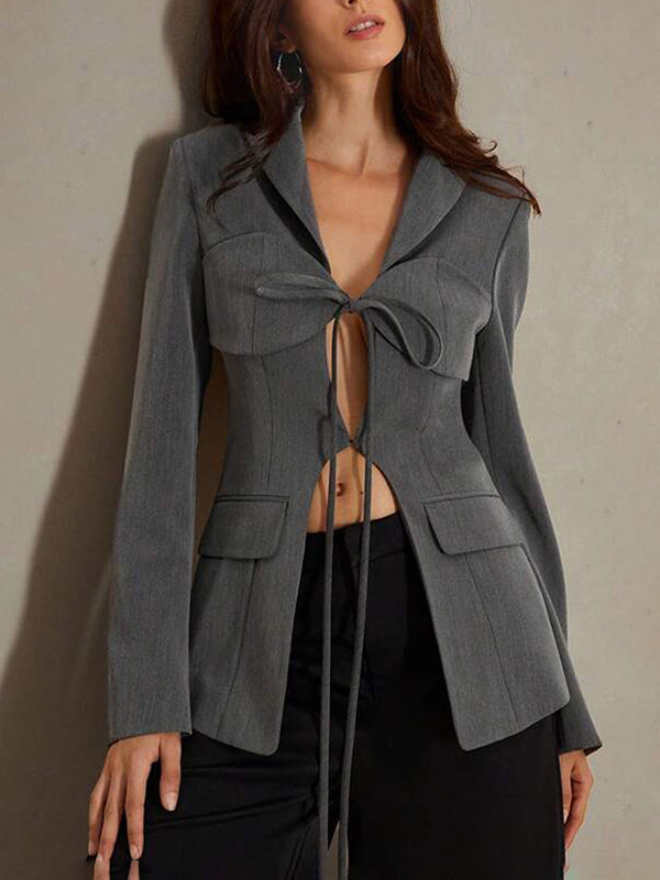 Blazer ample noué à manches longues, à poches, à col cranté, couleur unie