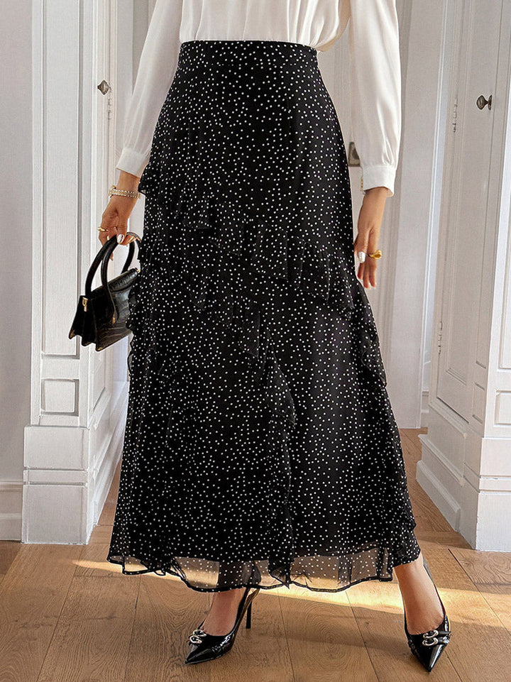 Jupe superposée volantée coupe trapèze, taille haute, à pois, à empiècements, couleur contrastée