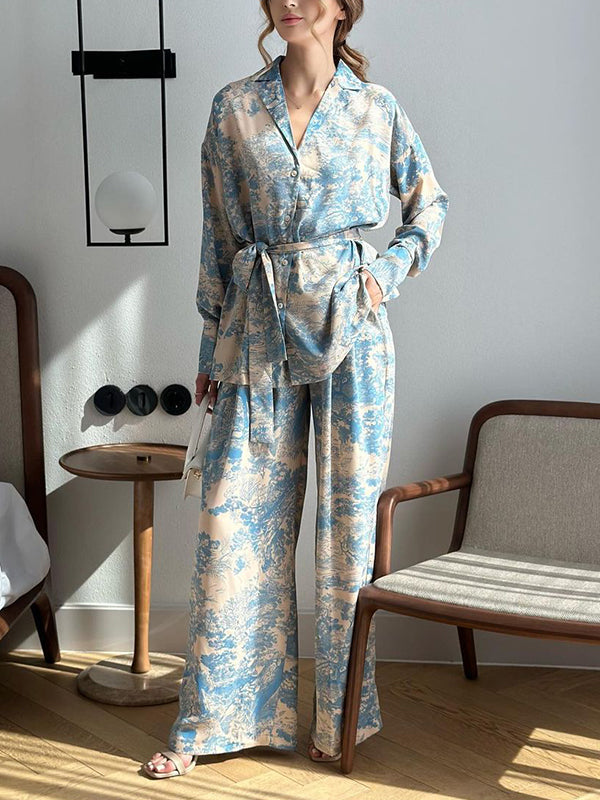 Ensemble deux pièces boutonné imprimé à manches longues, à taille nouée, à col cranté, taille haute – chemise + haut + pantalon
