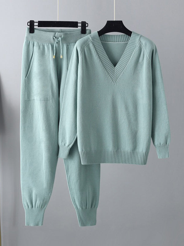 Ensemble deux pièces décontracté ample à col en V, couleur unie – sarouel + pull + pantalon