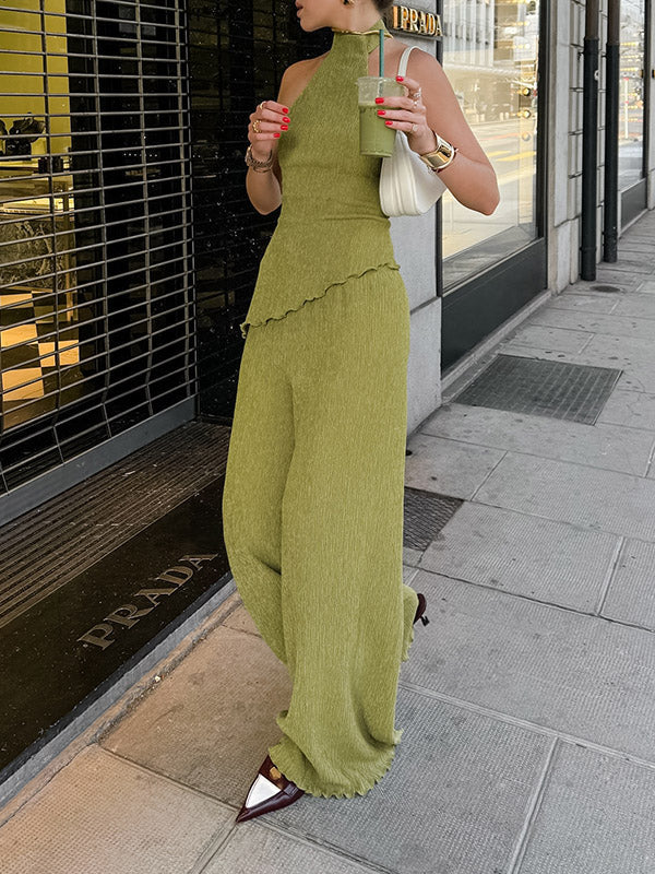 Ensemble deux pièces plissé sans manches, gilet asymétrique à col haut + pantalon à jambes larges, couleur unie