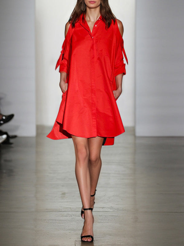 Robe chemise ample à empiècements, à épaules ajourées, couleur unie