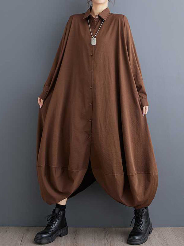 Robe chemise boutonnée coupe trapèze, à manches longues, à poches, à empiècements, à col revers, couleur unie
