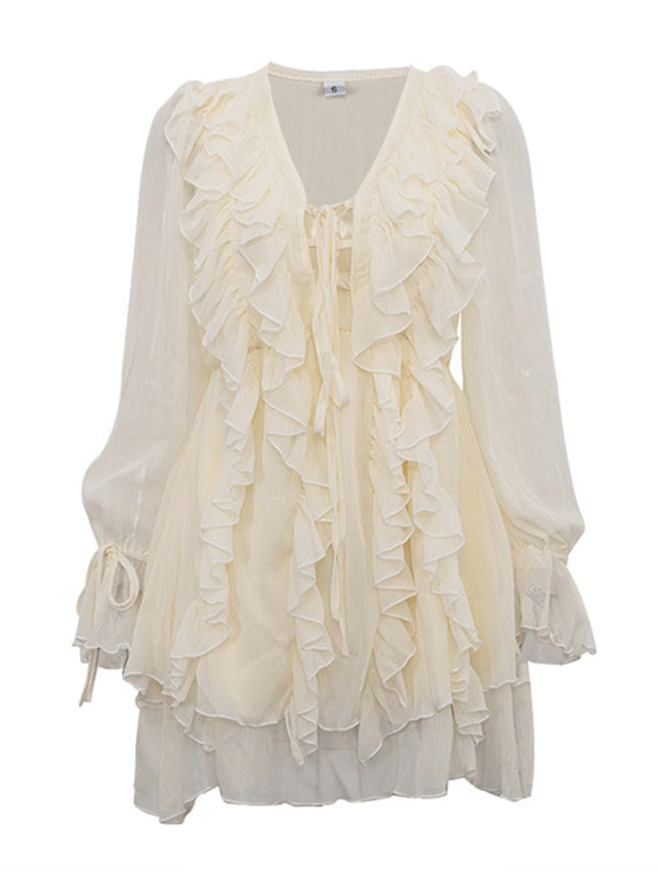 Robe courte nouée coupe trapèze, taille haute, à bordure volantée, à col en V, couleur unie