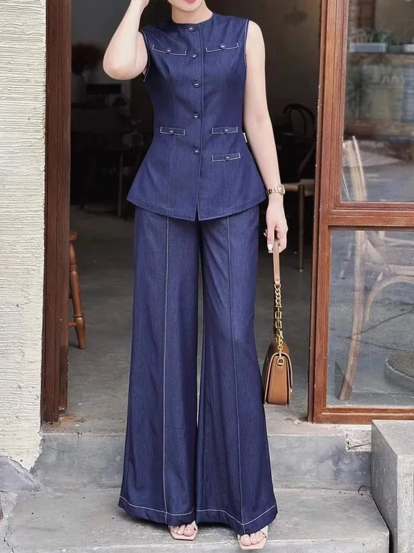 Pantalon ample taille haute, à taille élastique, à poches, couleur unie