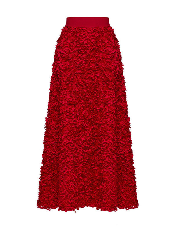 Jupe coupe trapèze, taille haute, à fleurs en 3D, couleur unie