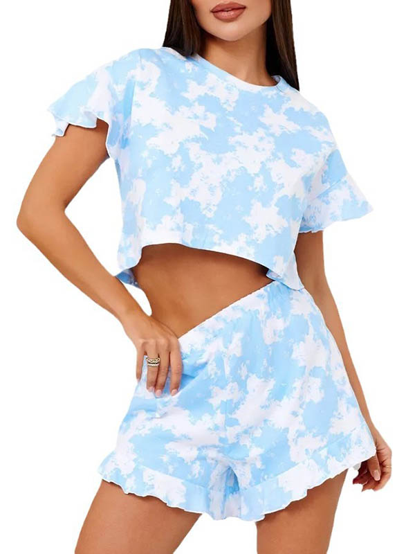 Ensembles de pyjama amples à manches courtes, élastiques, bordure à volants, col rond, haut + Short