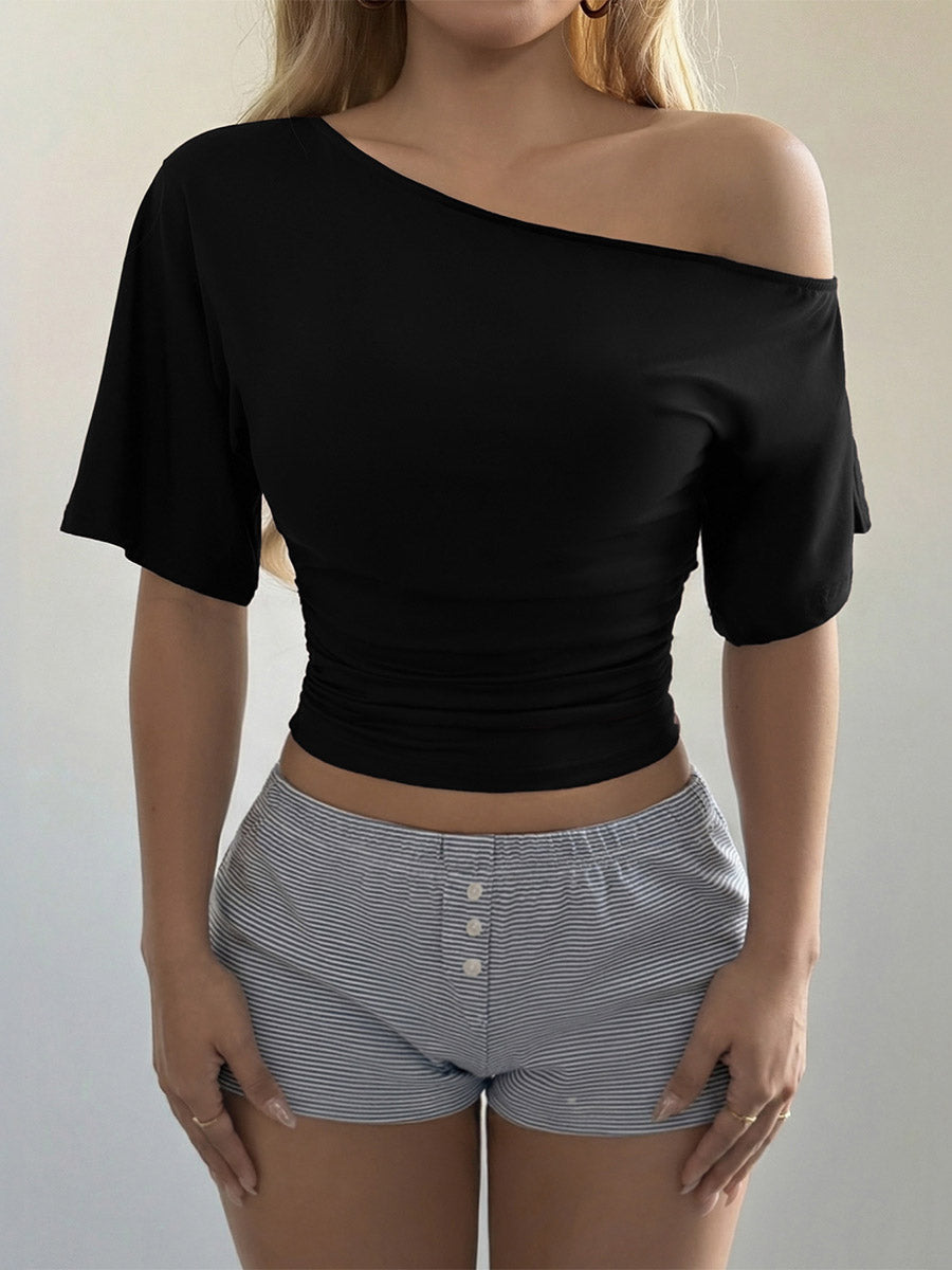 T-shirt à manches courtes, asymétrique à une épaule, couleur unie
