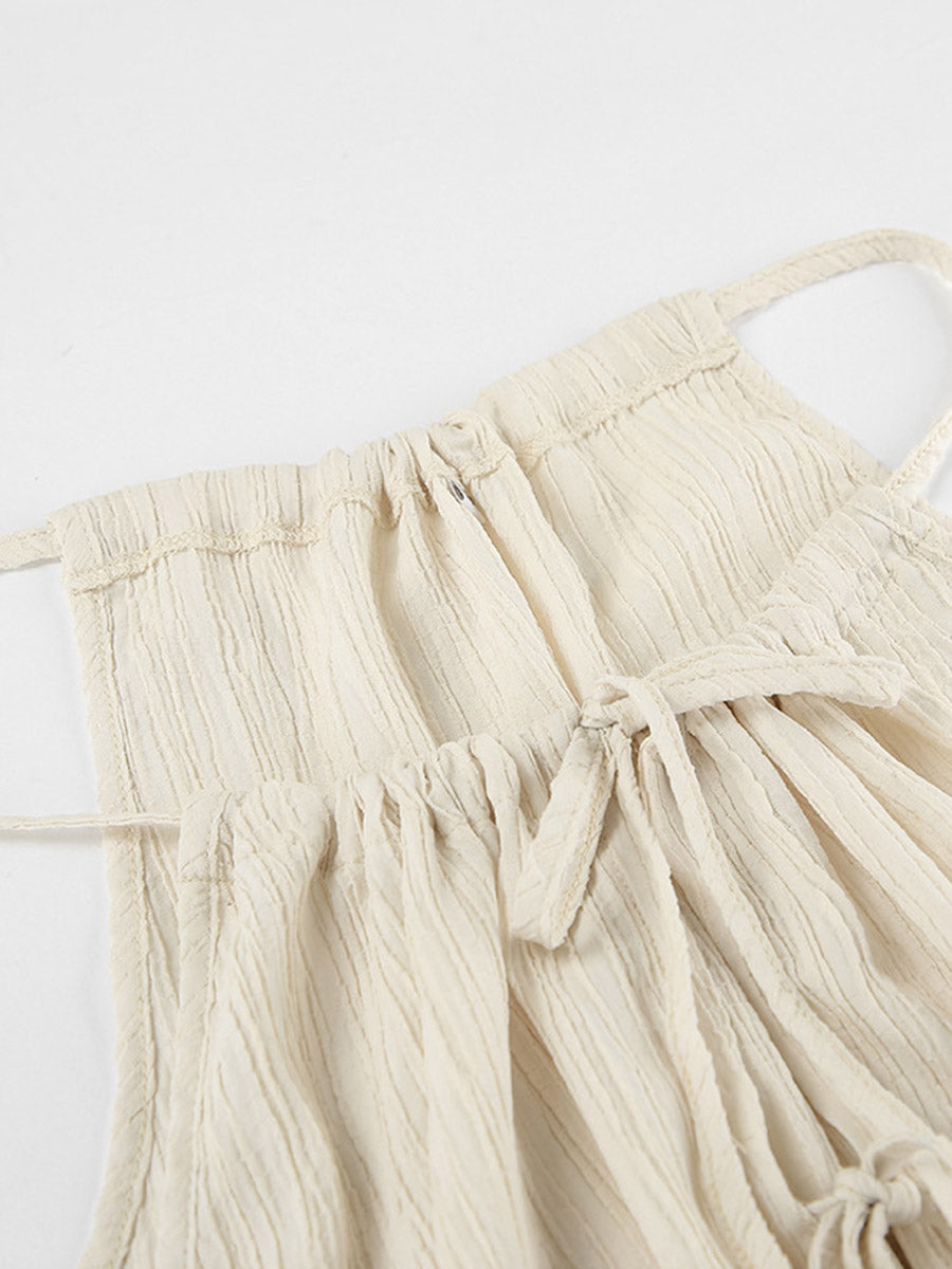 Ensemble deux pièces court plissé à col licou, à empiècements, taille haute, à taille élastique, à taille nouée, couleur unie – débardeur + pantalon