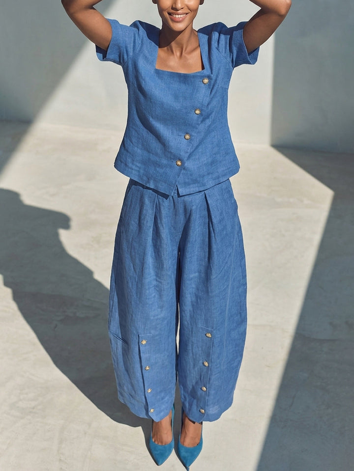 Pantalon ample boutonné à jambes larges, à poches, couleur unie