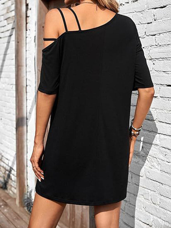 Robe courte ample asymétrique à manches courtes, asymétrique à une épaule, couleur unie