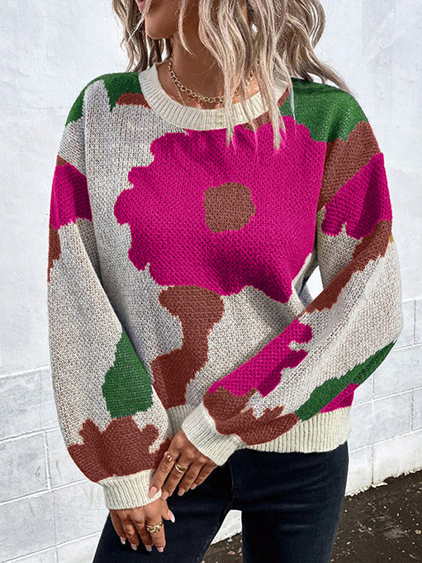Pull ample asymétrique à manches bouffantes, à fleurs en tricot, à empiècements, à col rond