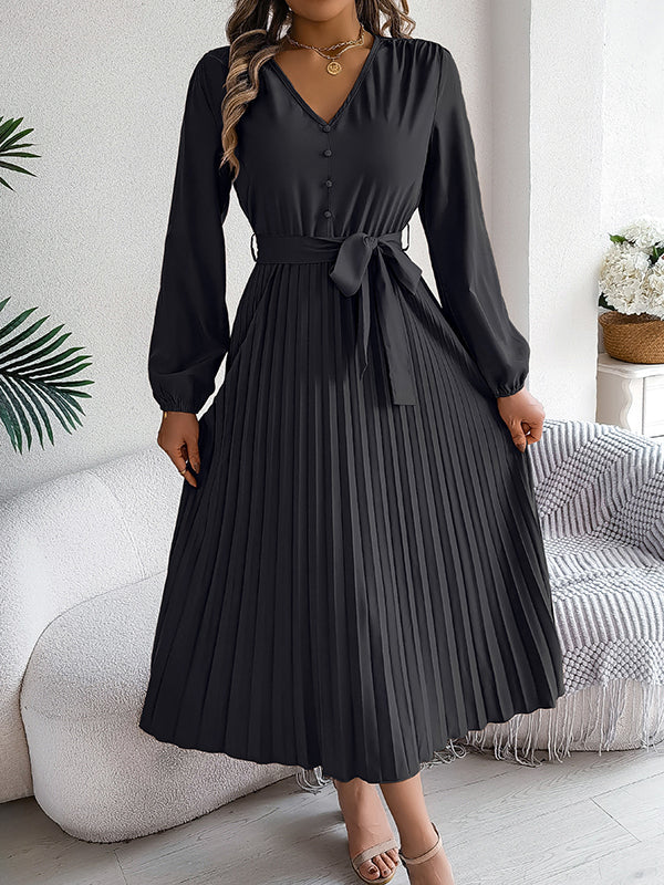 Robe longue boutonnée plissée taille haute, à manches longues, avec ceinture, à col en V, couleur unie