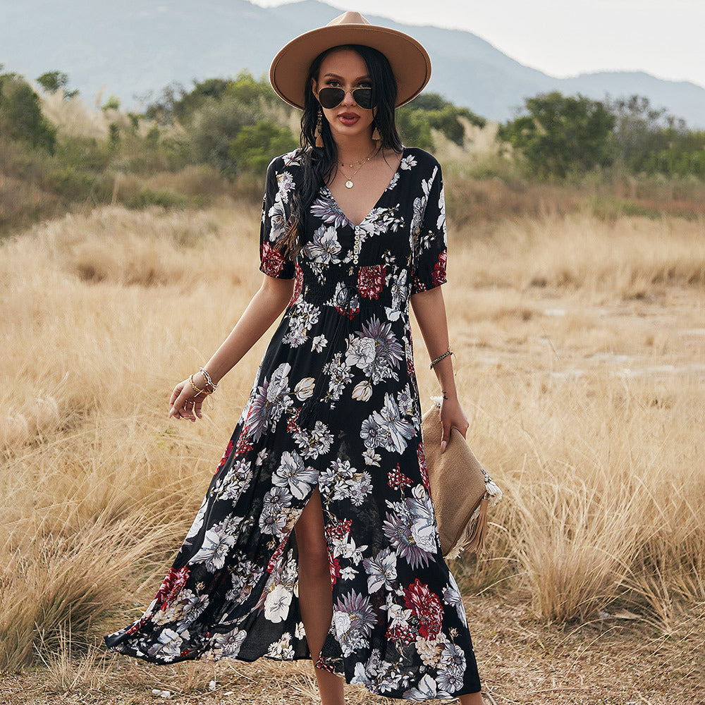 Lucia - Robe maxi avec décolleté en V et motif floral