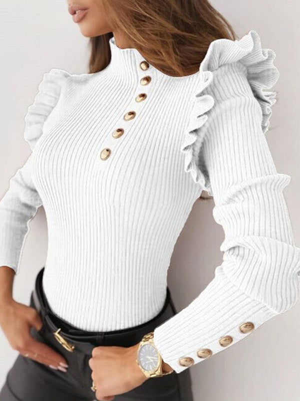 Pull boutonné à manches longues, coupe près du corps, à falbalas, à empiècements, à col haut