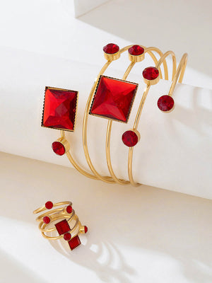 Parure bracelet et bague géométrique brillante à coupe irrégulière, à strass