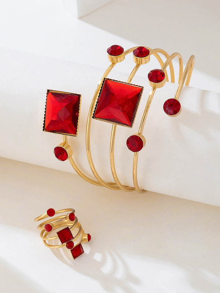 Parure bracelet et bague géométrique brillante à coupe irrégulière, à strass