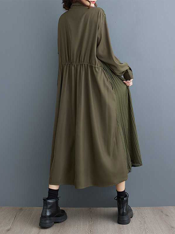Robe chemise boutonnée plissée coupe trapèze, à manches longues, à poches, à empiècements, à col revers