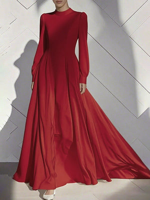Robe longue plissée coupe trapèze, taille haute, à fermeture éclair, à col cheminée, couleur unie