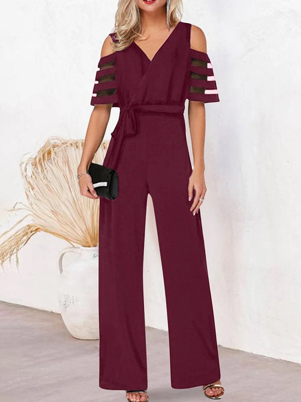 Combinaison ample ajourée taille haute, en résille, à taille nouée, à col en V, couleur unie