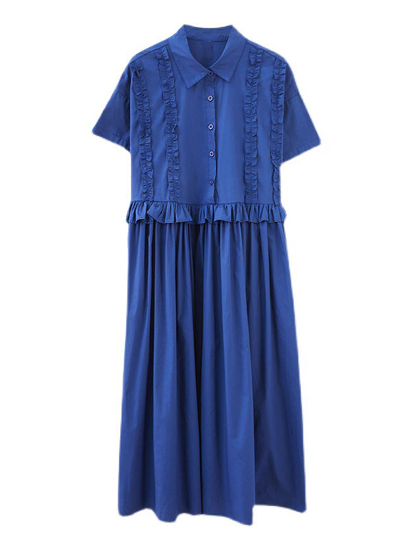 Robe chemise mi-longue de couleur unie, simple, manches courtes, ample, boutonnée, Volants, à empiècements