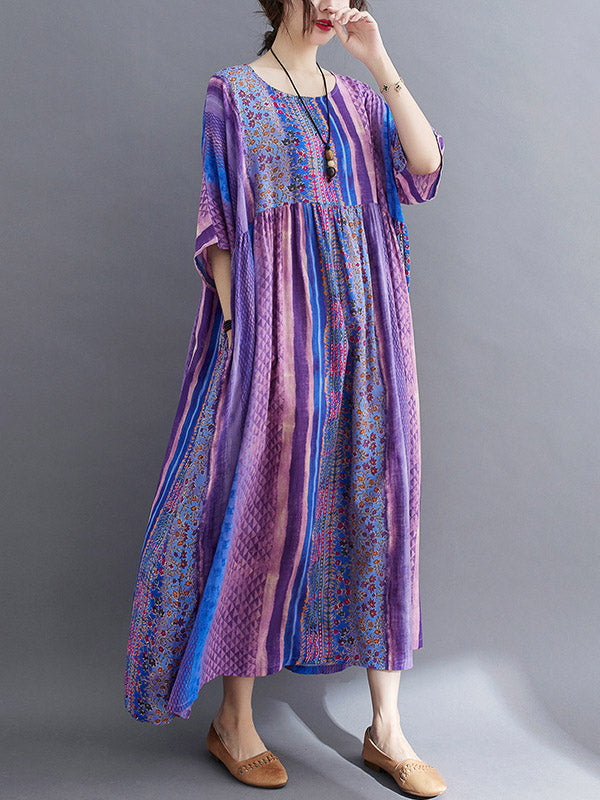 Robe mi-longue vintage à imprimé floral rayé et poche latérale