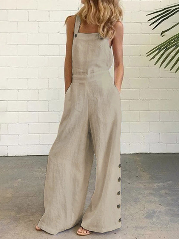 Salopette boutonnée ample à poches, taille haute, à fines bretelles, couleur unie