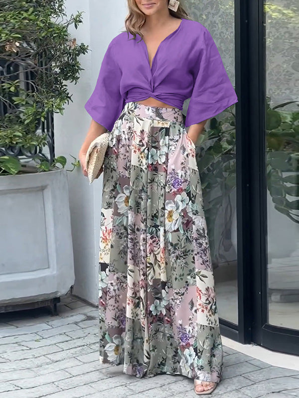 Ensemble chemise et pantalon large à imprimé floral, nœud et poches