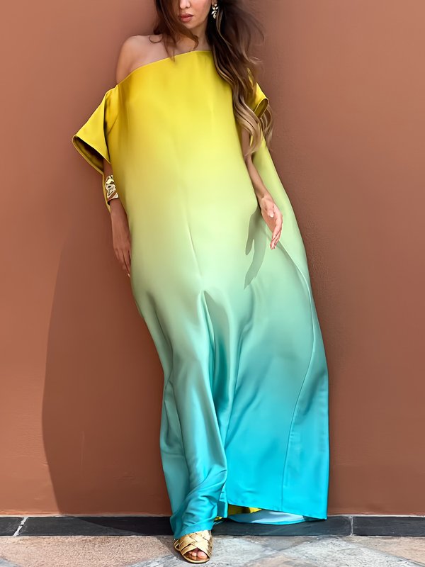 Robe longue ample à manches courtes, en dégradé, asymétrique à une épaule