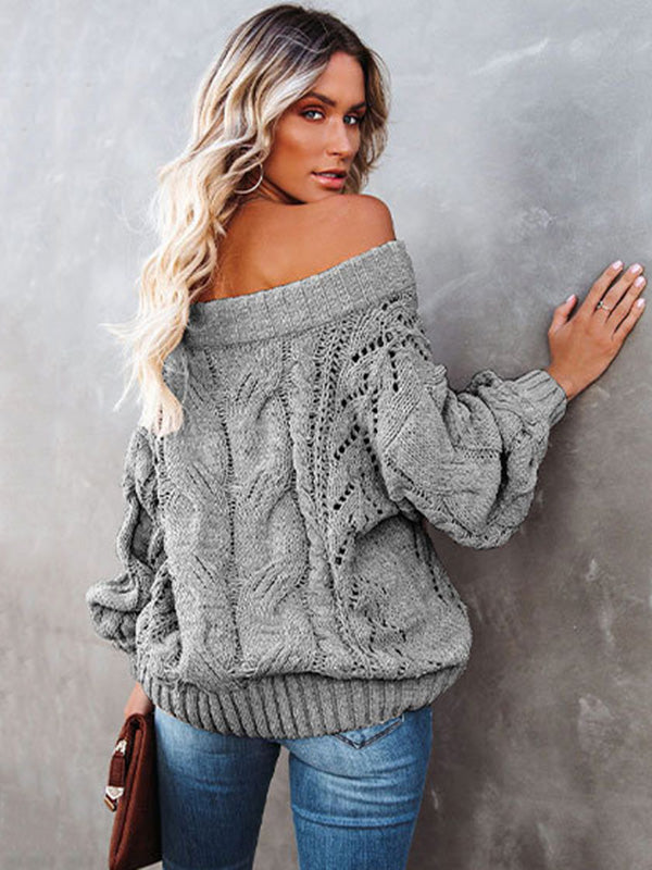 Pull ample vintage, à manches longues, à épaules dénudées, couleur unie