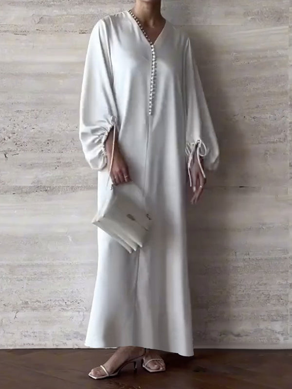 Robe chemise ample à manches bouffantes, à cordon de serrage, à empiècements, à col en V, couleur unie