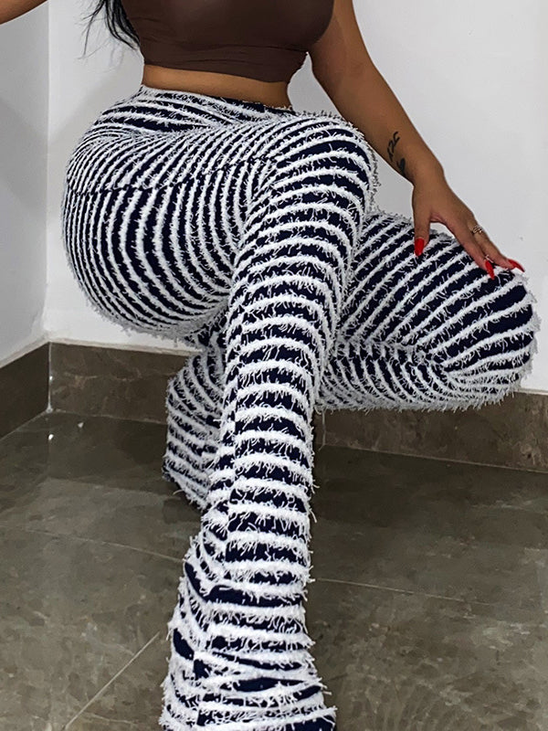 Pantalon rayé taille haute, coupe slim, à empiècements